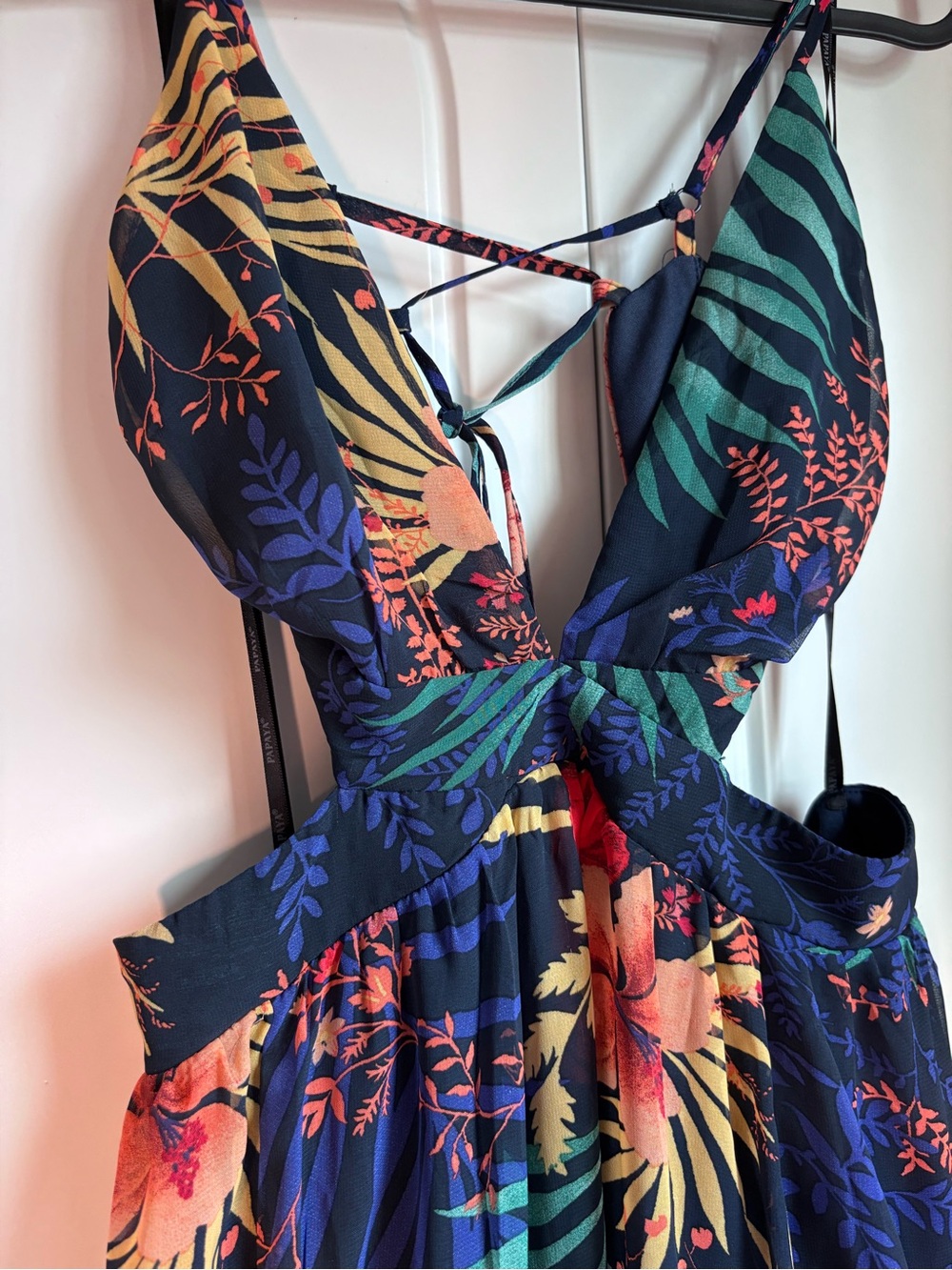 Papaya Navy Floral Cutout Maxi Dress with Coral & Teal Accents